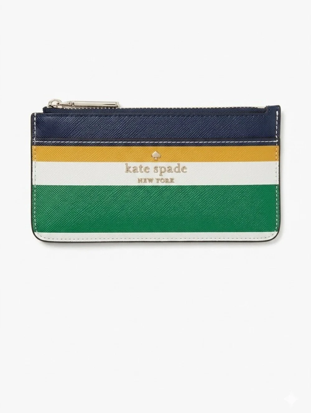 Kate Spade Striped Leather Card Zip Wallet in Navy, Yellow, White & Green